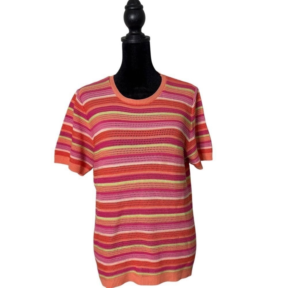Vintage 90s Crochet Open Knit Top Size M Pink Orange Striped Retro indie BOHO
